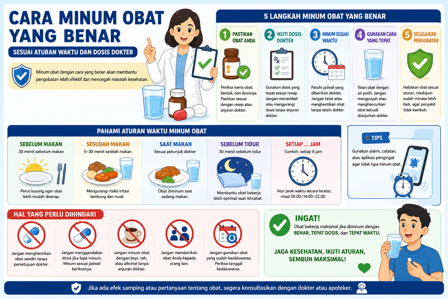Infografis cara minum obat yang benar sesuai aturan waktu dan dosis dokter